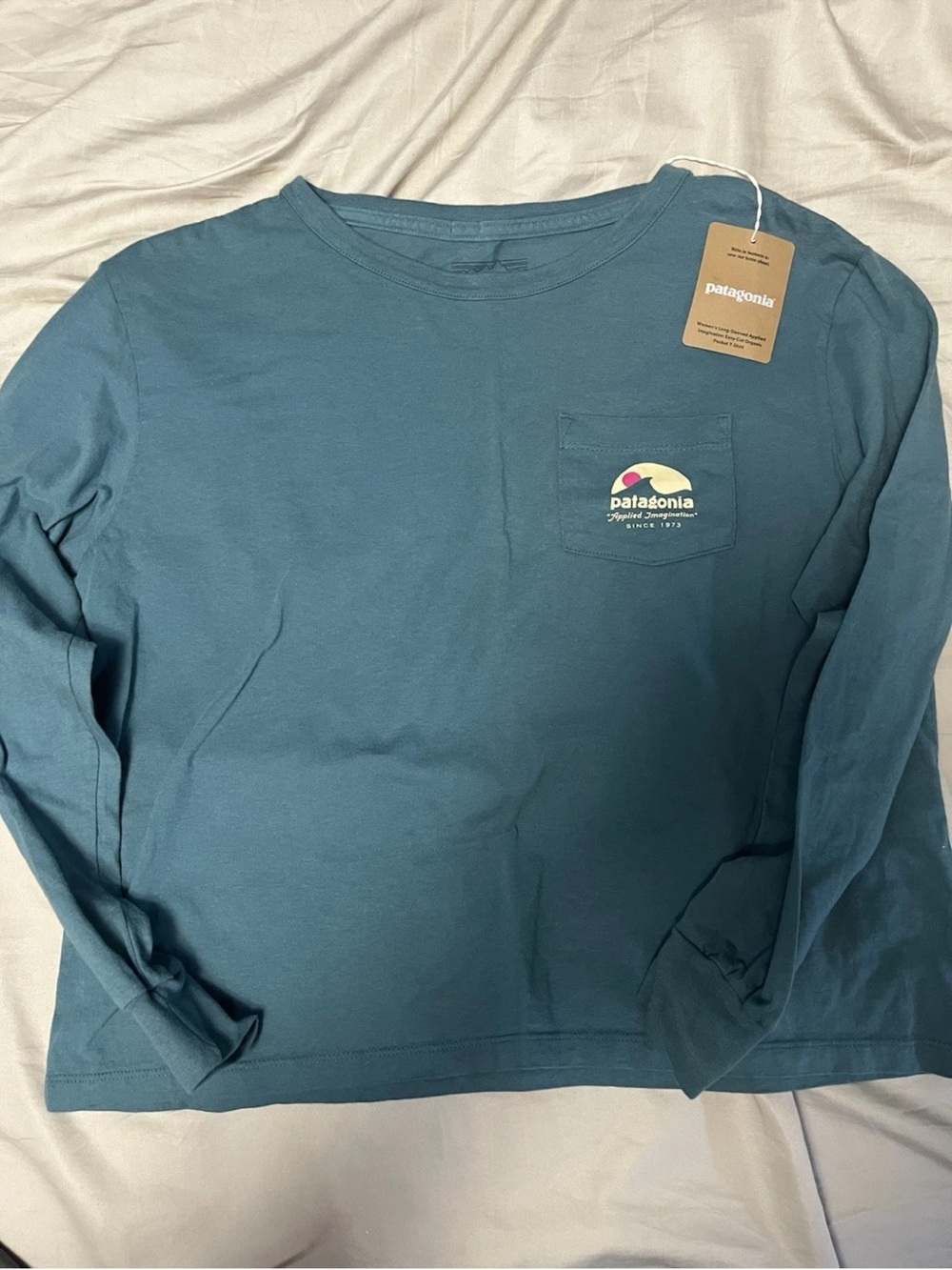 Patagonia Womens easy cut  Long Sleeve Tee in Teal with Pocket Logo